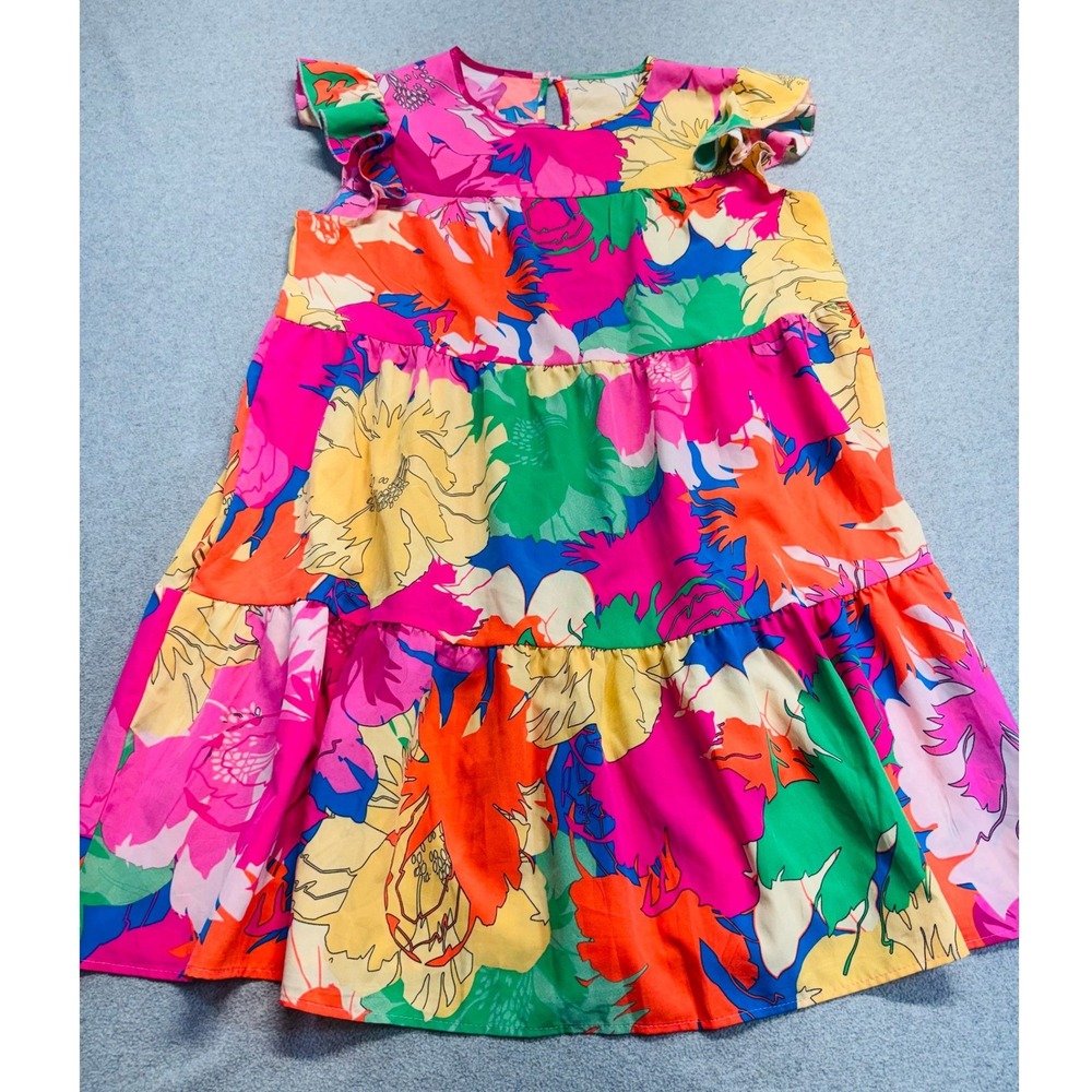 Floralโ Tiered Dress Womens XL Pink Orange Green Ruffle Sleeve Multicolor Summer